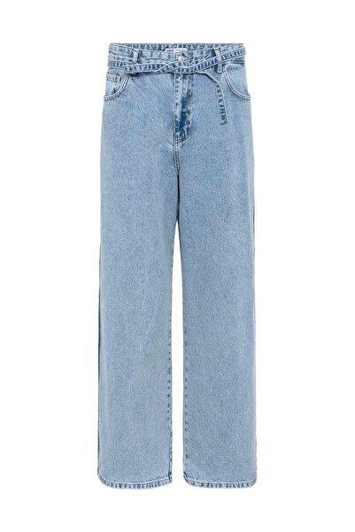 VAMOSCLO Kemer Detaylı Şeritli Baggy Jean Açık Mavi Melanj