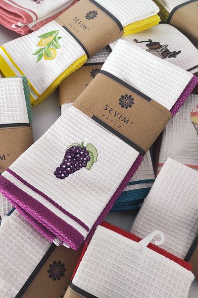 Sevim Purple Color Grape Embroidered 2-piece Kitchen Towel