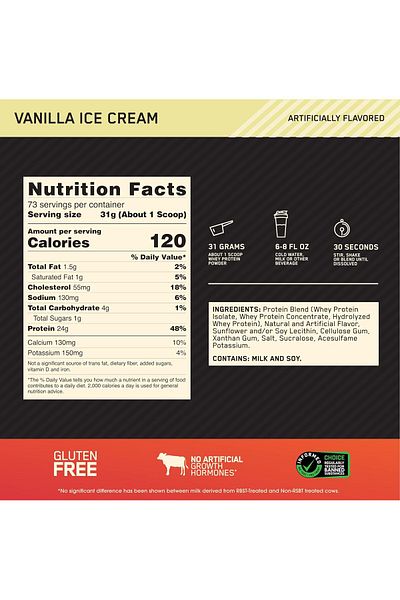Optimum Nutrition Gold Standard 100% Whey Protein, Vanilla Ice Cream, 5 LB