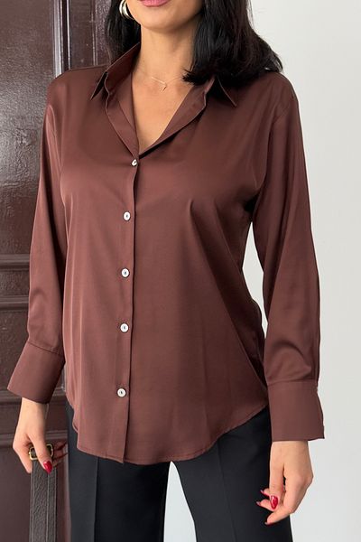 Ortaya Çık Brown Light Draped Satin Shirt