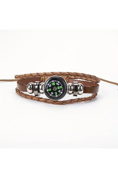 Feron accessories Set of 2 Unisex Compass Detailed Leather Bracelets - Adjustable E-407