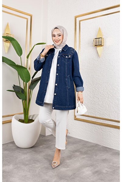 HARMAN BUTİK Women's Bead Embroidered Denim Jeans Jacket