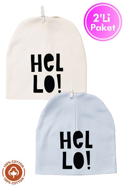 Miniel Unisex Baby Hello Printed Combed Organic Cotton Newborn 2-Piece Baby Beanie Colorful Set