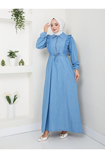 HARMAN BUTİK Women Zipper Detailed Ruffle Jeans Dress