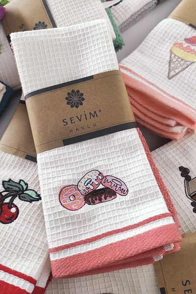 Sevim Dried Rose Color 2-piece Kitchen Towel - Donut Embroidered