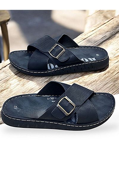 KAFKASLAR AYAKKABI Black Brown Soft Men's Dad Slippers with Cross Buckle Detail