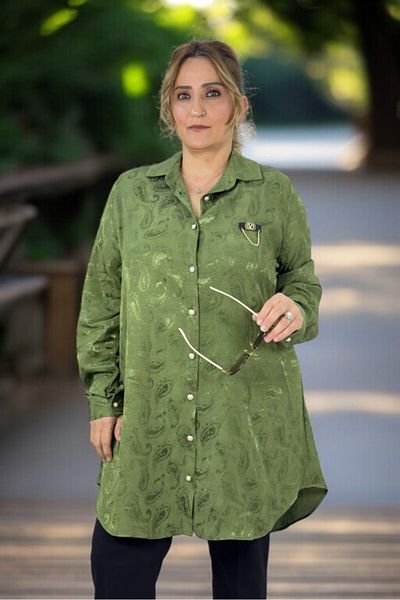 yagmurberen Pearl Front Button Long Sleeve Oversized Jacquard Satin Shirt Tunic with Chain Accessories