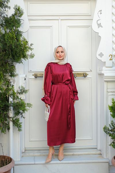 LOCCO Women's Sleeve Rubber Accessory Dress Claret Red