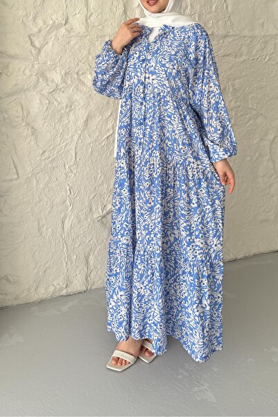 Rimel Moda Papatya Desenli Elbise Mavi