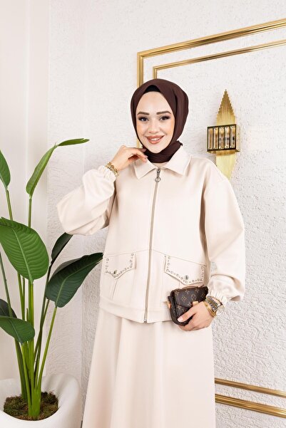 HARMAN BUTİK Women's 2-Piece Pocket Stone Detailed Skirt and Jacket Sucuba Set