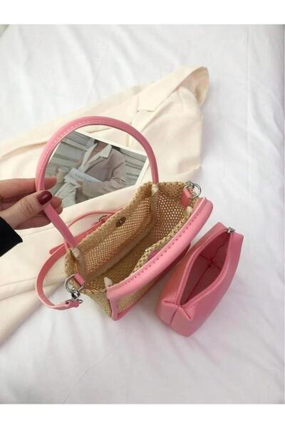 LEATHEROO Women's Pink Puppy Mesh Braided Leather Handle and Button Detailed Hand and Shoulder Bag