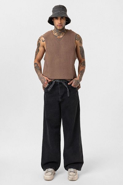 VAMOSCLO Belt Detailed Striped Baggy Jean Anthracite