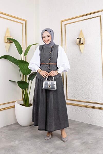 HARMAN BUTİK Women's 2-Piece Jeans Suit Belted Vest Skirt