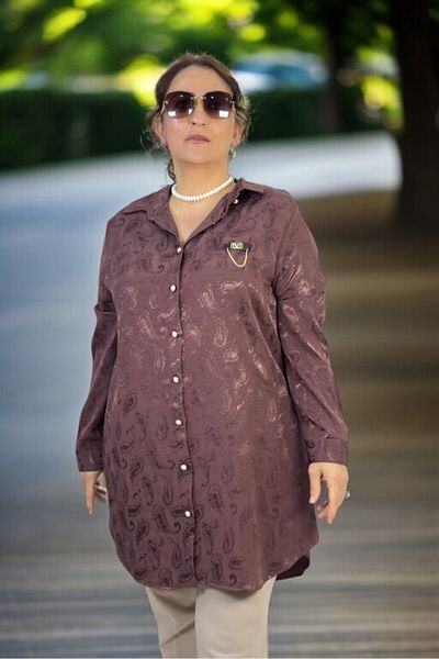 yagmurberen Pearl Front Button Long Sleeve Oversized Jacquard Satin Shirt Tunic with Chain Accessories