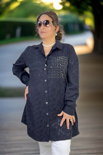 yagmurberen Stone-Embroidered Pearl Front Button Long Sleeve Oversized Jacquard Satin Shirt Tunic