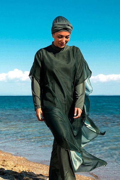 Marina Kaftan Kimono Pareo on Khaki Hijab Swimsuit P2202