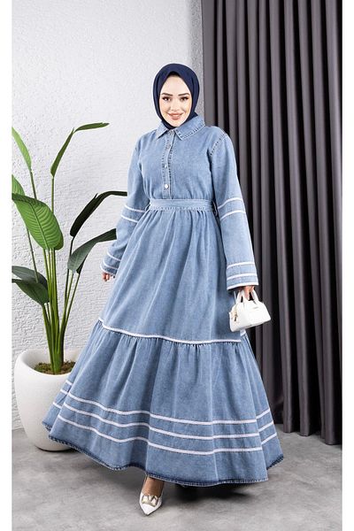 HARMAN BUTİK Women's Belted Strip Detailed Balloon Sleeve Denim Dress