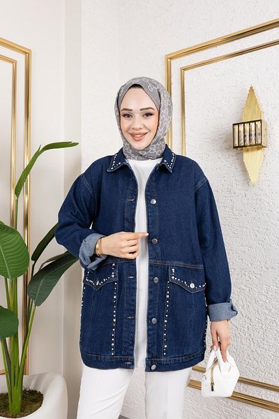 HARMAN BUTİK JACHETĂ DE BLUG DENIM DE BUMBAC CU DETALII DE BUMBAC DE PIATRĂ