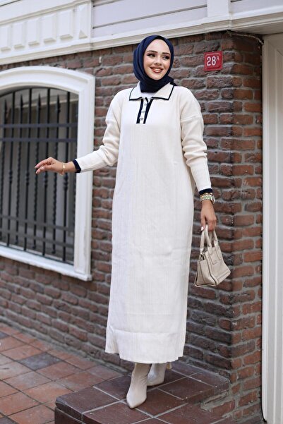 HARMAN BUTİK V-Neck Fitted Knitwear Hijab Dress - Women's Buttoned