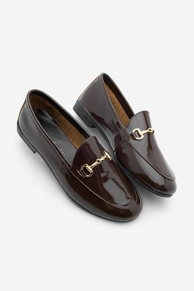 Marjin Women's Genuine Leather Chain Loafer Casual Shoes Tanle Brown Patent Leather
