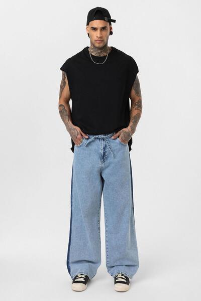 VAMOSCLO Kemer Detaylı Şeritli Baggy Jean Açık Mavi Melanj