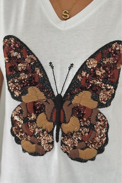 FEMELLE Tricou alb pentru femei, cu decolteu în V, cu paiete, paiete și broderie, brodat, 100% bumbac