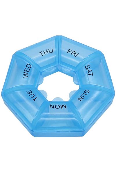 PUFO Round box for organizing medicines, vitamins or supplements for a week, Pufo Pill, 9 cm, blue