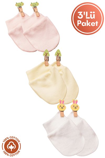 Miniel Baby Girl Newborn Combed Organic Cotton Baby Gloves Set of 3 - Salmon