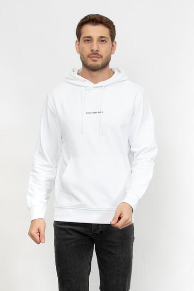 Calvin Klein Jeans Kapüşon Yaka Beyaz Erkek Sweatshırt J30J325639YAF GRID MONOGRAM HOODIE