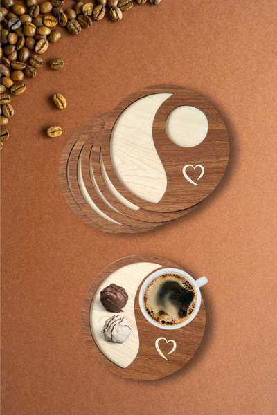 Kutaydan 6 Pieces Wooden Laser Cut Cups and Coffee Coasters