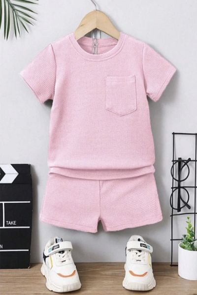 Bubito Waffle Visual Pocket Detailed Cotton Summer Baby Kids Shorts Set-Pink