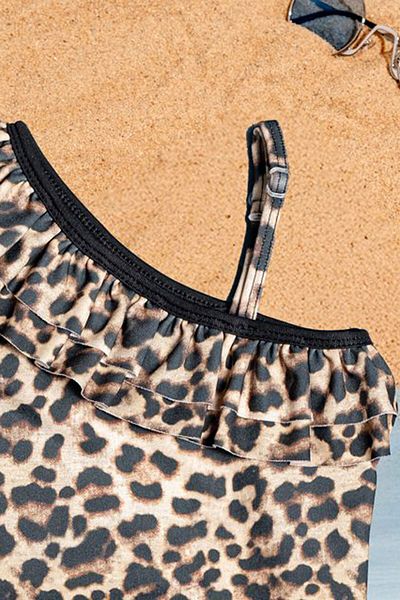 Beniizle One Shoulder Leopard Print Ruffle Detailed Girl's Swimsuit