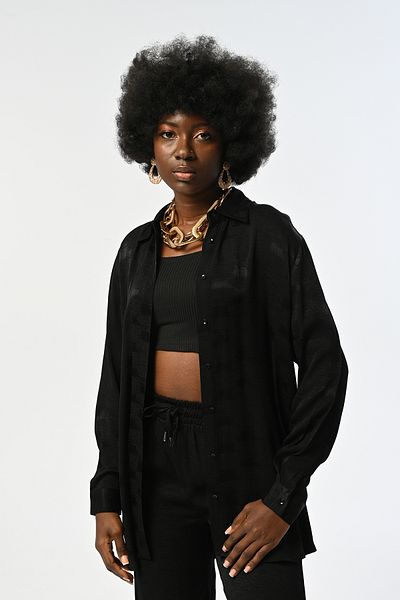 Orfeo Negro Women's Patterned Black Oversize Cut Shirt