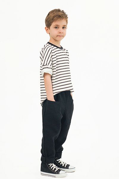 Catz Kids Boyfriend Black Muslin Trousers + Black and White Striped Combed Cotton T-Shirt