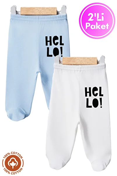 Miniel Unisex Baby Hello Printed Combed Cotton Baby Pants with Booties Single Bottom Set of 2 Blue White