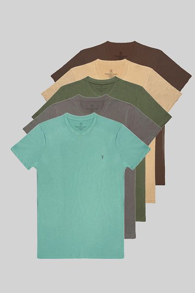 COMBİNE MİCHAİL Ανδρικό μπλουζάκι 5 Pack Crew Neck 100% βαμβακερό καφέ-μπεζ-χακί-fume-cagla