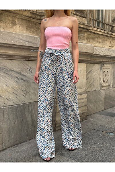 MAMAYAGA Women's High Waist Belted Patterned 100% Viscose Cotton Wide Leg Stylish Casual Large Size Curve Pants