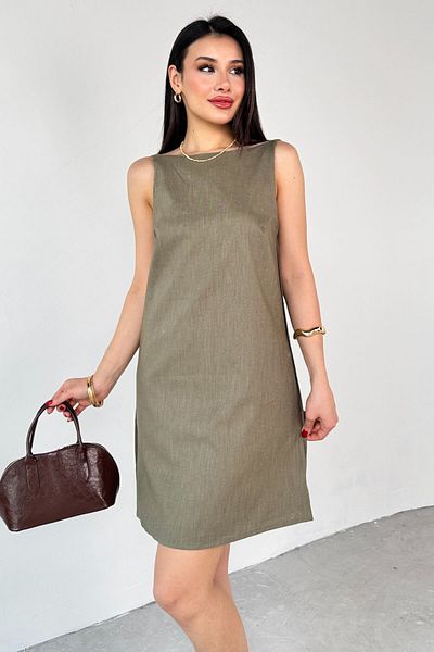 Cappmoda ELB-01779 Μίνι φόρεμα από λινό χακί χωρίς πλάτη