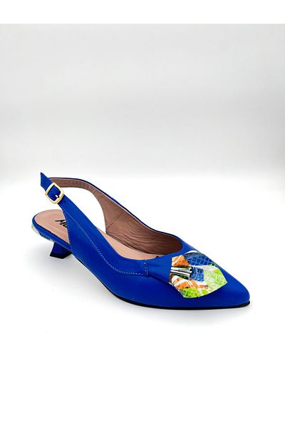 Mariolucci Women's Small Heeled Shoes Bow Detailed Saks Blue (Flower Printed) Genuine Leather