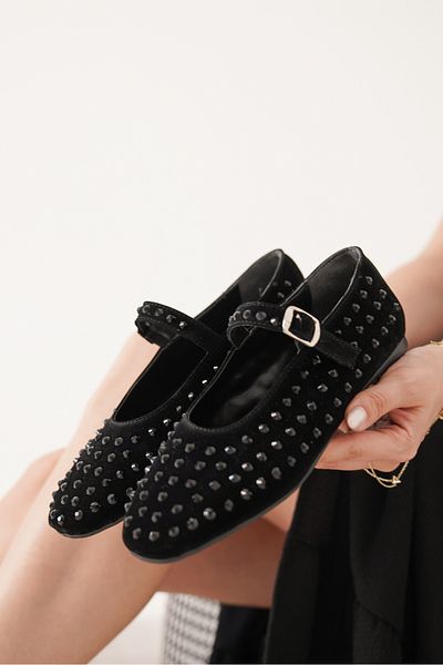 Moda Değirmeni Black Stone Black Suede Balerini clasici cu talpă plată pentru femei MD1165-111-0001