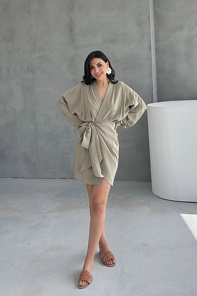 Seda Yalçın Atelier Light Khaki V-Neck Dress with Binding Detail
