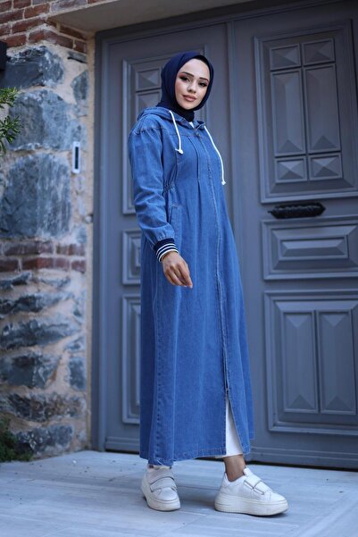 HARMAN BUTİK KADIN FERMUARLI CEPLİ KAPÜŞONLU KOL RİBANALI DENİM KOT KAP