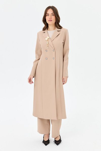 Esswaap Double Breasted Long Jacket Suit Mink with Brooch