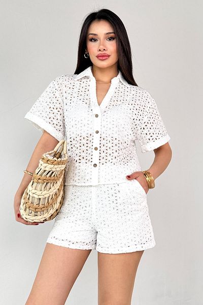 Cappmoda TKM-13287 Λευκό πουκάμισο με κορδόνι Σορτς Διπλό Σετ