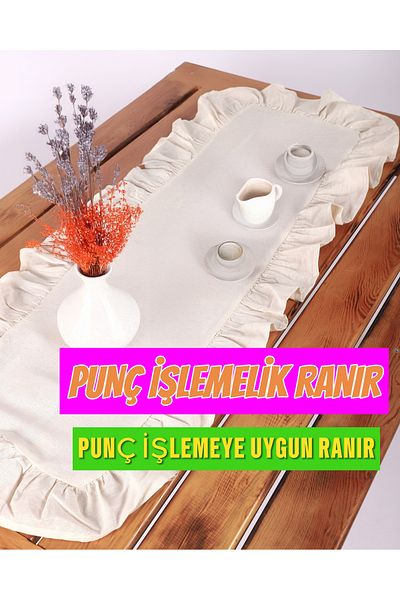 ÇIQRIK HOME Punch Embroidered Vintage Linen Runner 40X110 cm