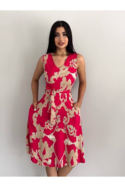 shcenco V-Neck Waist Binding Detail Abstract Patterned Dress-Red