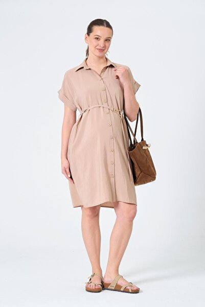 BUSA Hamile Düğmeli Kısa Kollu Midi Boy Elbise VİZON