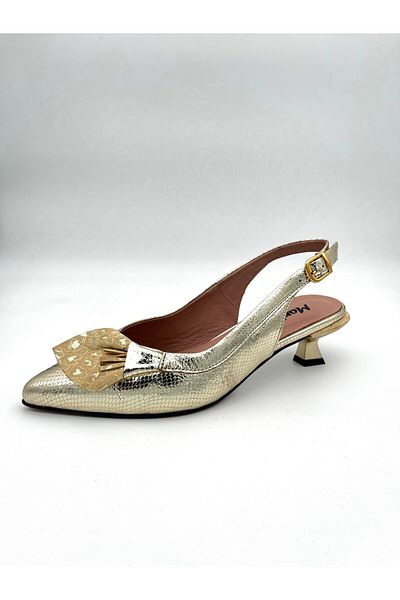 Mariolucci Women's Small Heeled Shoes Bow Detailed Gold (Gold Leopard Pattern) Genuine Leather