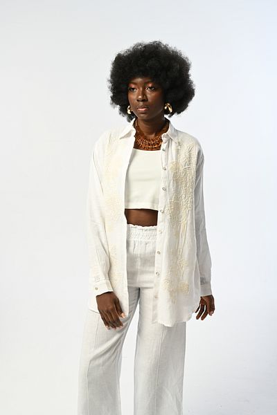 Orfeo Negro Women's White 100% Linen Oversize Shirt with Embroidered Front and Sequin Embroidered