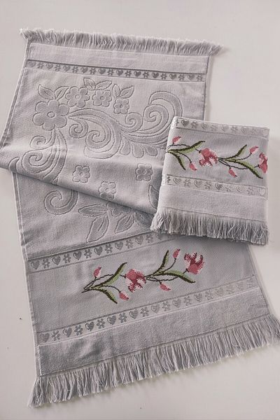 Sevim 2-Piece Cross Stitch Rose Embroidered Jacquard Velvet Hand Face Towel - 50X90 Cm-Grey